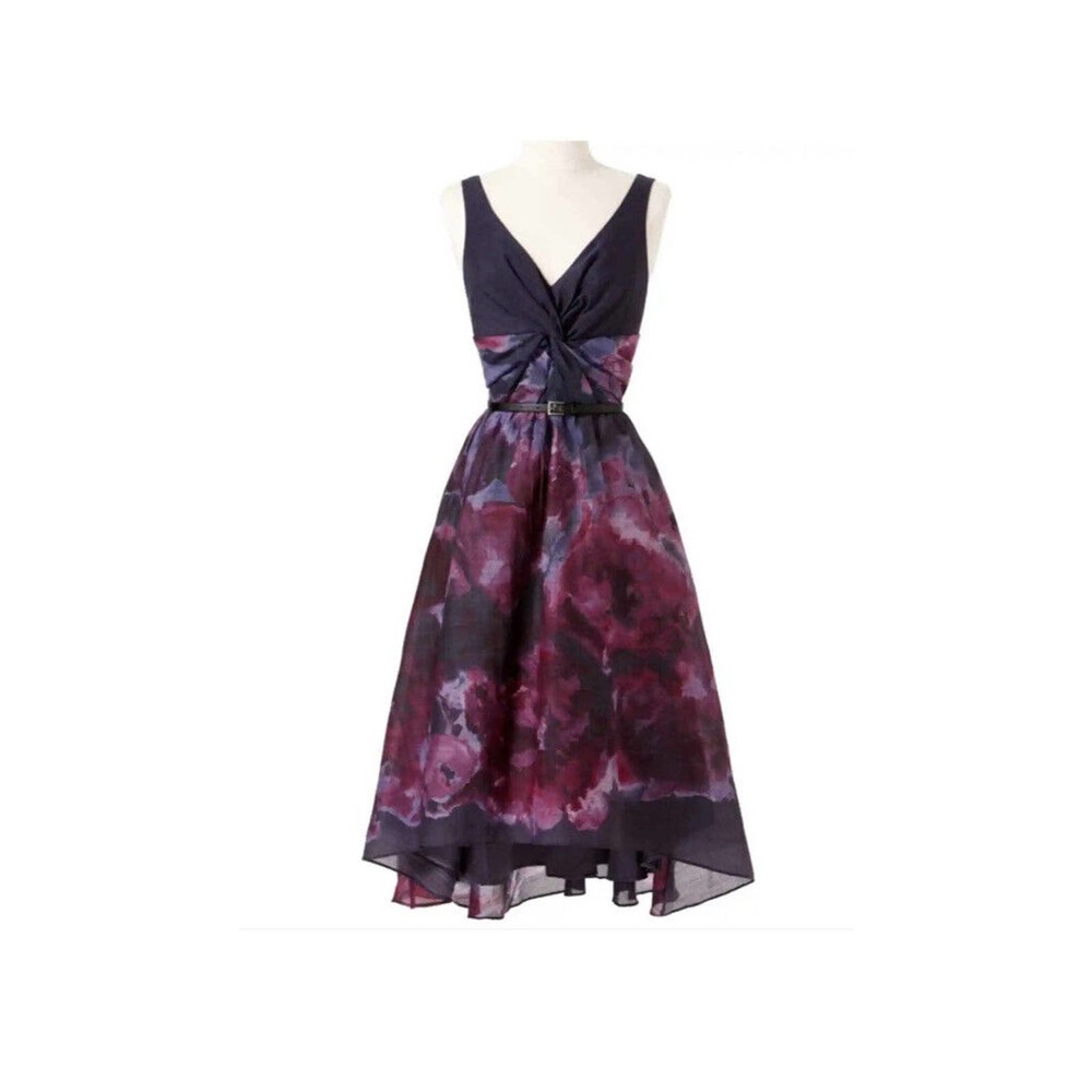 Lela Rose Black and Plum Floral Fit-and-Flare Dress